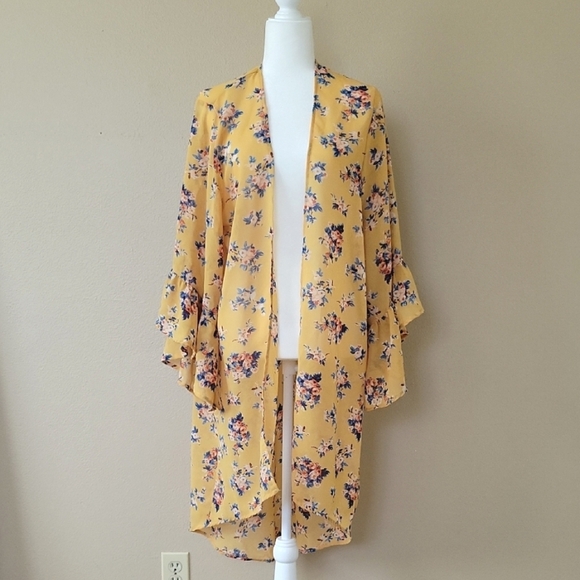 Live 4 Truth Womens Plus Size Yellow Floral Duster Open Front Kimono Cardigan - Picture 1 of 8